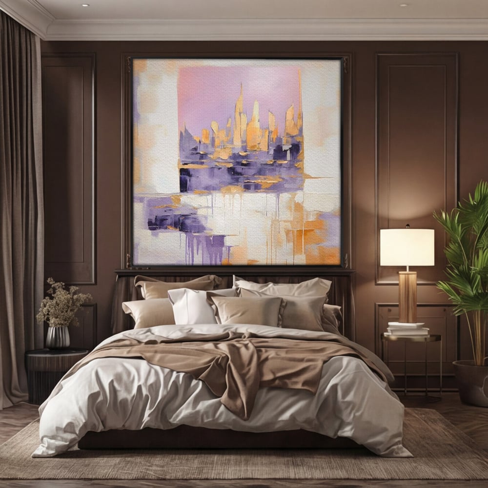 Tablou canvas cu pictura abstracta cu siluete de zgarie-nori, in rama de aluminiu negru, pe perete intr-un dormitor